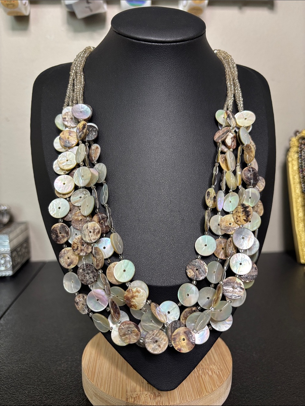 Layered Iridescent Mother of Pearl Shell Disc Necklace in Neutral Tones